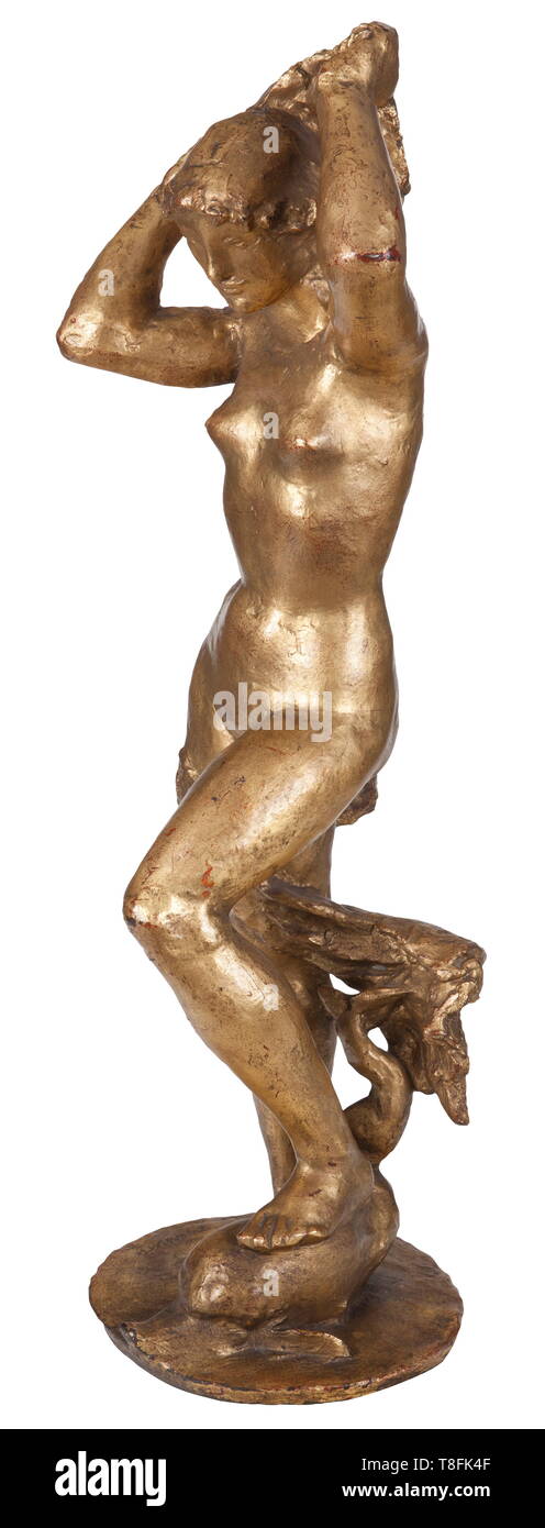 Josef Wackerle (1880 - 1959) - Brunnenfigur (Fountain Figure), circa 1938 Gilt bronze, signed and with foundry stamp 'Brandstetter München'. This bronze casting is a preliminary artist's sketch model for a monumental fountain installation in Isartal, near Munich. Height 82 cm, weight 77 lbs. Josef Wackerle was trained as a wood carver and modeller for the German porcelain manufacture Nymphenburg. He exhibited in the Haus der Deutschen Kunst regularly. The plaster model for a final monumental version of this sculpture was exhibited in the Haus der Deutschen Kunst in 1938. Th, Editorial-Use-Only Stock Photo