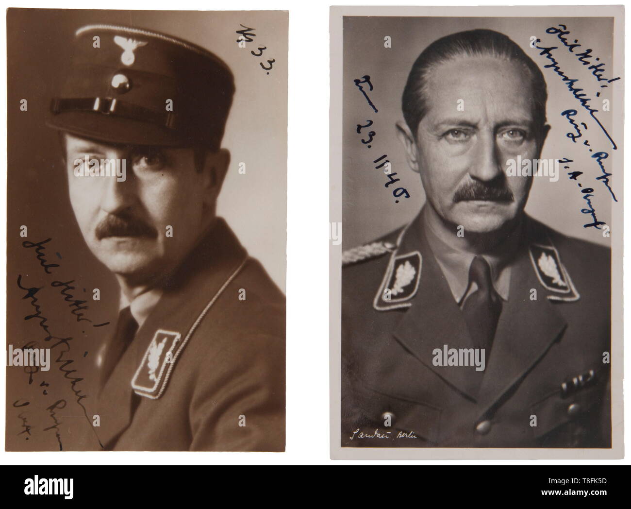 SA-Obergruppenführer Prince August Wilhelm of Prussia - eight large-sized postcards with autopraphs Circa 15 x 10 cm. He autographed/wrote personal messages (sometimes on back side of cards), to various party officials, his personal driver, and an American in Minnesota. Time span: The early to late 1930s. USA-Los historic, historical, 20th century, 1930s, 1940s, storm battalion, stormtroopers, armed and uniformed branch of the NSDAP, organisation, organization, organizations, organisations, NS, National Socialism, Nazism, Third Reich, German Reich, Germany, fascism, fascist, Editorial-Use-Only Stock Photo