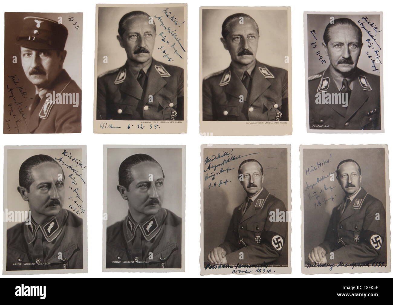 SA-Obergruppenführer Prince August Wilhelm of Prussia - eight large-sized postcards with autopraphs Circa 15 x 10 cm. He autographed/wrote personal messages (sometimes on back side of cards), to various party officials, his personal driver, and an American in Minnesota. Time span: The early to late 1930s. USA-Los historic, historical, 20th century, 1930s, 1940s, storm battalion, stormtroopers, armed and uniformed branch of the NSDAP, organisation, organization, organizations, organisations, NS, National Socialism, Nazism, Third Reich, German Reich, Germany, fascism, fascist, Editorial-Use-Only Stock Photo