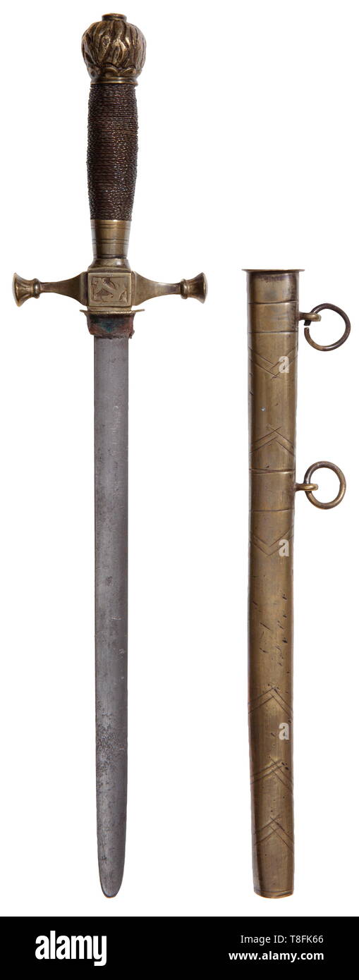 An early Prussian navy student dagger 1830 - 1850 Brass fittings, chevron chased scabbard. Copper wire wrapped oak handle. Blunt blade, for students under 16. Wave reed pommel, large block cross-guard. First Prussian dagger to feature fouled anchor crossguard. Cf. Hermann Hampe / Vic Diehl, Deutsche Marinedolche, 2009, p. 38-47. Length 30 cm. Extremely rare. Provenance: Vic Diehl Collection. USA - Los historic, historical, navy, naval forces, military, militaria, branch of service, branches of service, armed forces, armed service, object, objects, Additional-Rights-Clearance-Info-Not-Available Stock Photo