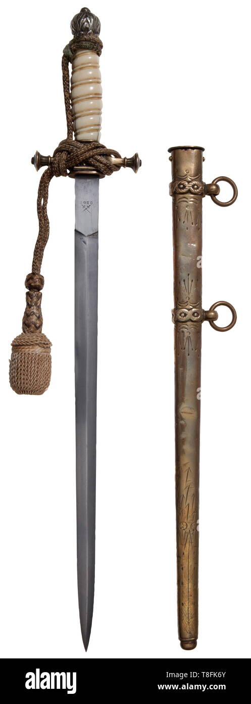 An 1848/1901 commemorative officer's dagger Produced for officers who graduated before 1872, lost right to wear dagger. 1901 WKC production sold through G.B.& S retailer. Cf. Hermann Hampe/Vic Diehl, Deutsche Marinedolche, 2009, p. 140-145. Early portepee covers chips to ivory grip under reverse pommel. Length 48 cm. Provenance: Vic Diehl Collection. USA - Los historic, historical, navy, naval forces, military, militaria, branch of service, branches of service, armed forces, armed service, object, objects, stills, clipping, clippings, cut out, cu, Additional-Rights-Clearance-Info-Not-Available Stock Photo