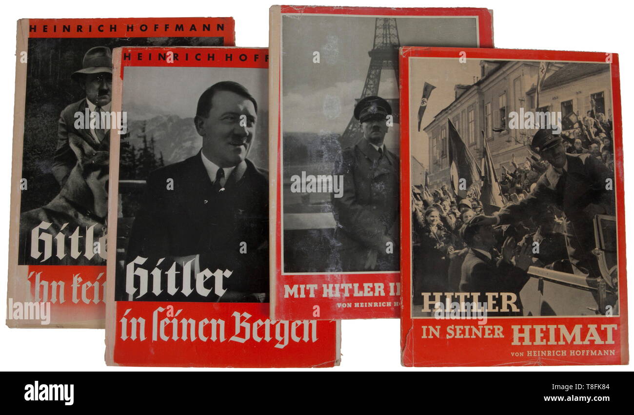 A group of 10 books 'Von Potsdam nach Dorn', 'Mein Kampf' 1927 edition volume II. Pershing autobiography, two volumes (signed by author-Pershing). Five Heinrich Hoffman books 'Hitler in seinen Bergen', 'Mit Hitler in Westen', 'Hitler in seiner Heimat', 'Mit Hitler in Westen' (hardcover), 'Hitler wie ihn keiner kennt', reprint of 'Information on Malmedy Case.' USA - Los historic, historical, 20th century, Additional-Rights-Clearance-Info-Not-Available Stock Photo