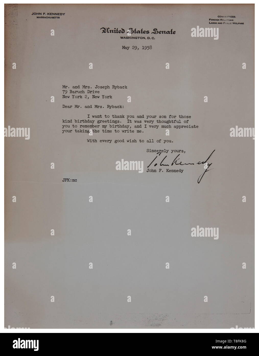 John F. Kennedy - letter dated 29 May, 1958 on U.S. Senate letterhead thanking a father/son for their birthday wishes. Letter dated 25 May, 1949 regarding problems in 'first district' sent by Arthur Jenner who was assistant scout executive to Kennedy as Senator, later signed by Kennedy as President. Copy of nuclear test ban treaty. USA - Los historic, historical, USA, United States of America, American, object, objects, stills, clipping, clippings, cut out, cut-out, cut-outs, 20th century, Additional-Rights-Clearance-Info-Not-Available Stock Photo