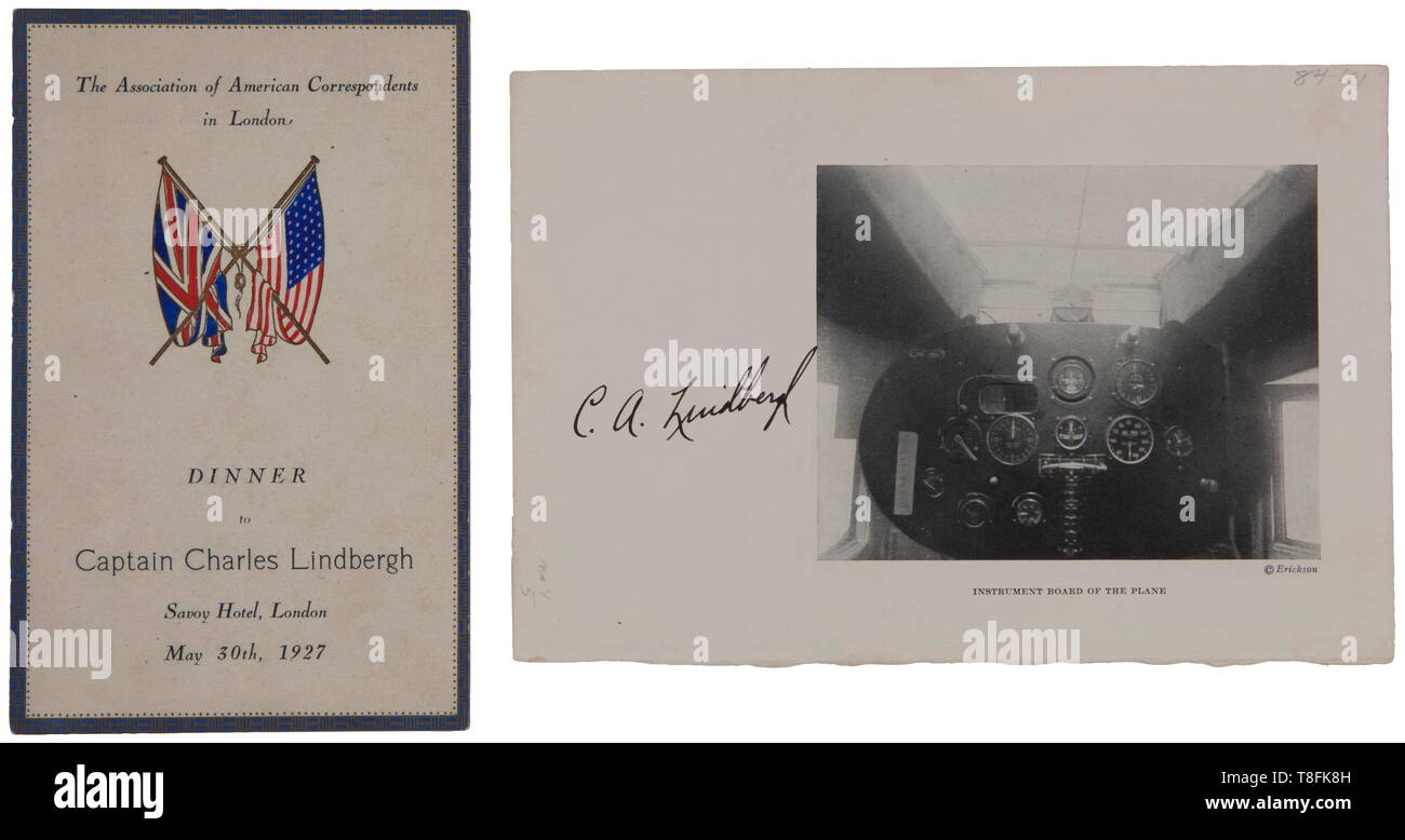 Charles Lindbergh - hand signed dinner programme from Savoy Hotel London, May 30, 1927, 10 x 16 cm. Hand signed photo of plane cockpit, 13 x 20 cm. USA - Los historic, historical, USA, United States of America, American, object, objects, stills, clipping, clippings, cut out, cut-out, cut-outs, 20th century, Additional-Rights-Clearance-Info-Not-Available Stock Photo