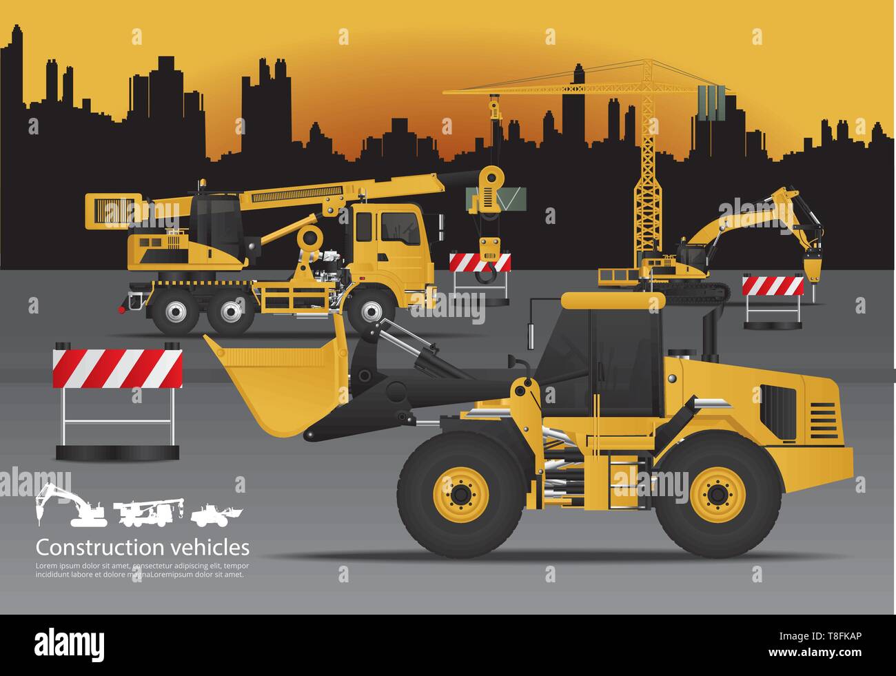 Construction Vehicles Set with Building Background Vector Illustration Stock Vector