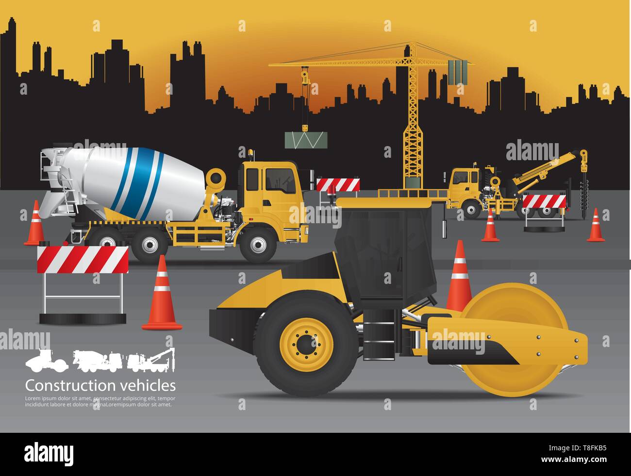 Construction Vehicles Set with Building Background Vector Illustration Stock Vector