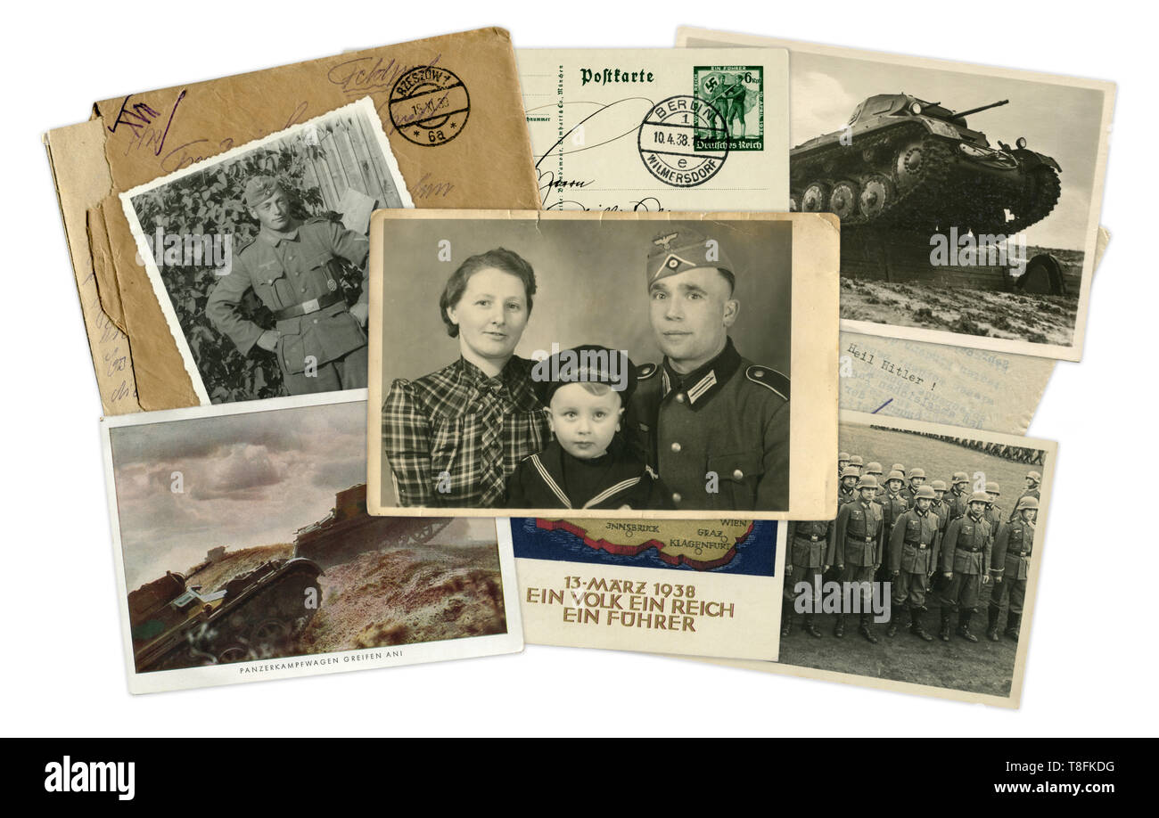Historical photo collage of photos, postcards and letters. A German family in the center. Soldiers, tanks. Fate of people. Germany, world war II, 1939 Stock Photo