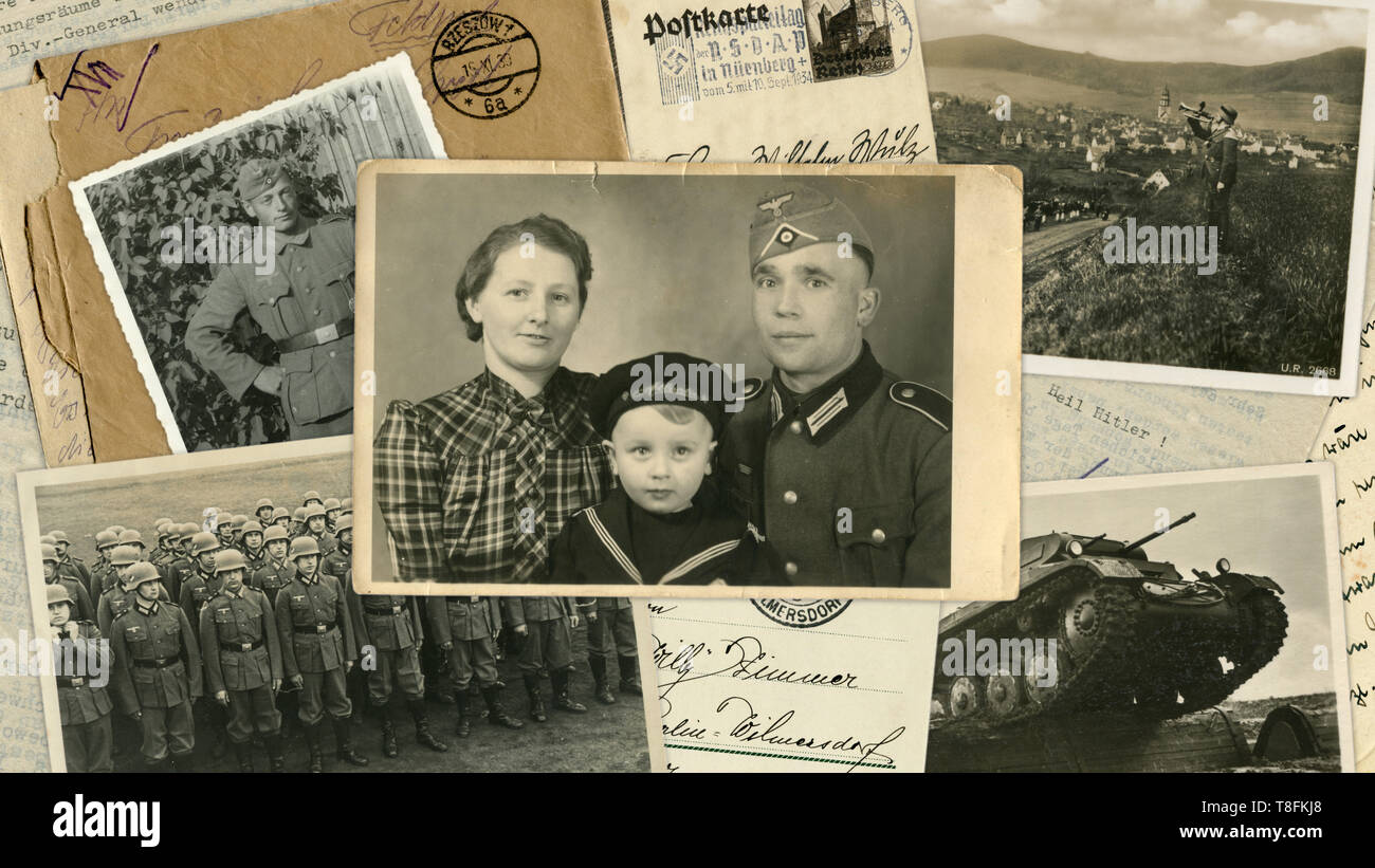 Historical photo collage of photos, postcards and letters. A German family in the center. Soldiers, tanks. Fate of people. Germany, world war II, 1939 Stock Photo