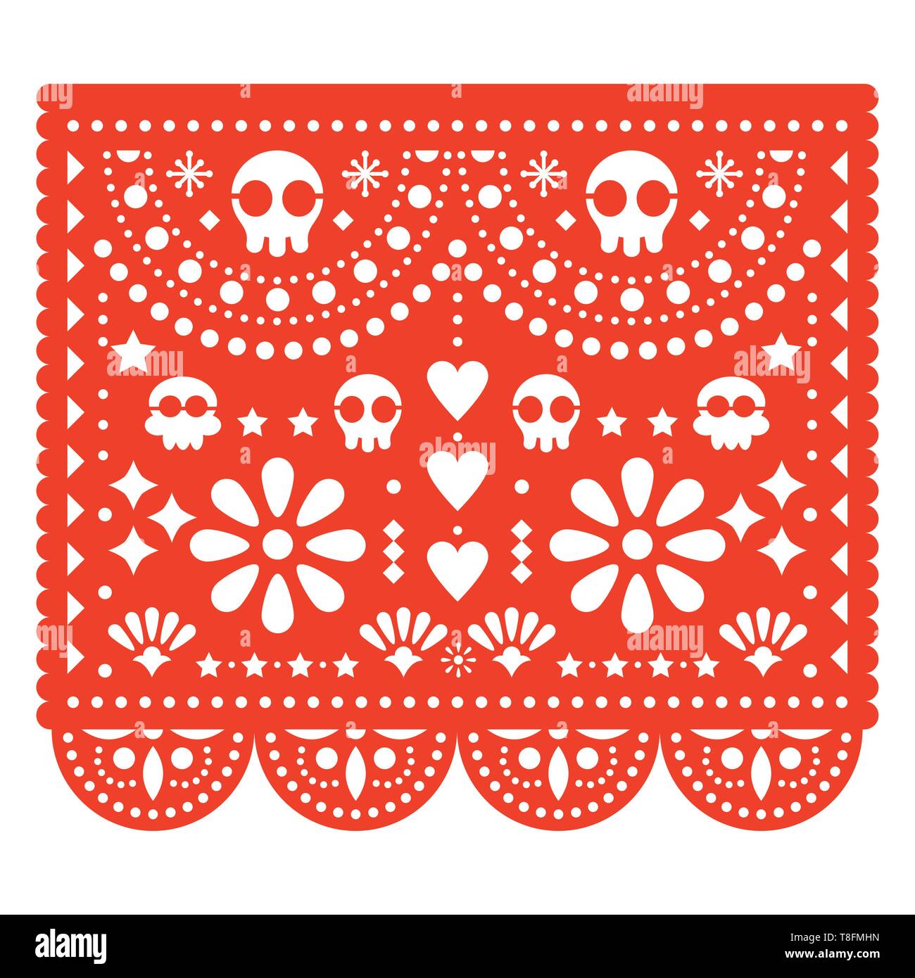 Skulls Papel Picado vector design, Mexican paper cut out pattern - Dia de Los Muertos, Day of the Dead Stock Vector