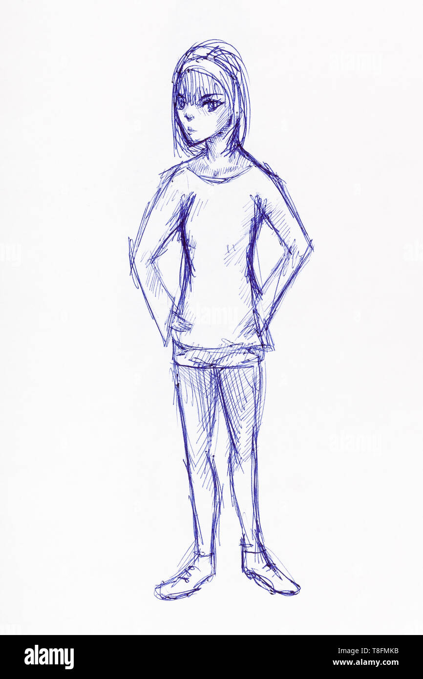 sketch of teen girl in sportswear hand-drawn by blue ink on white paper  Stock Photo - Alamy