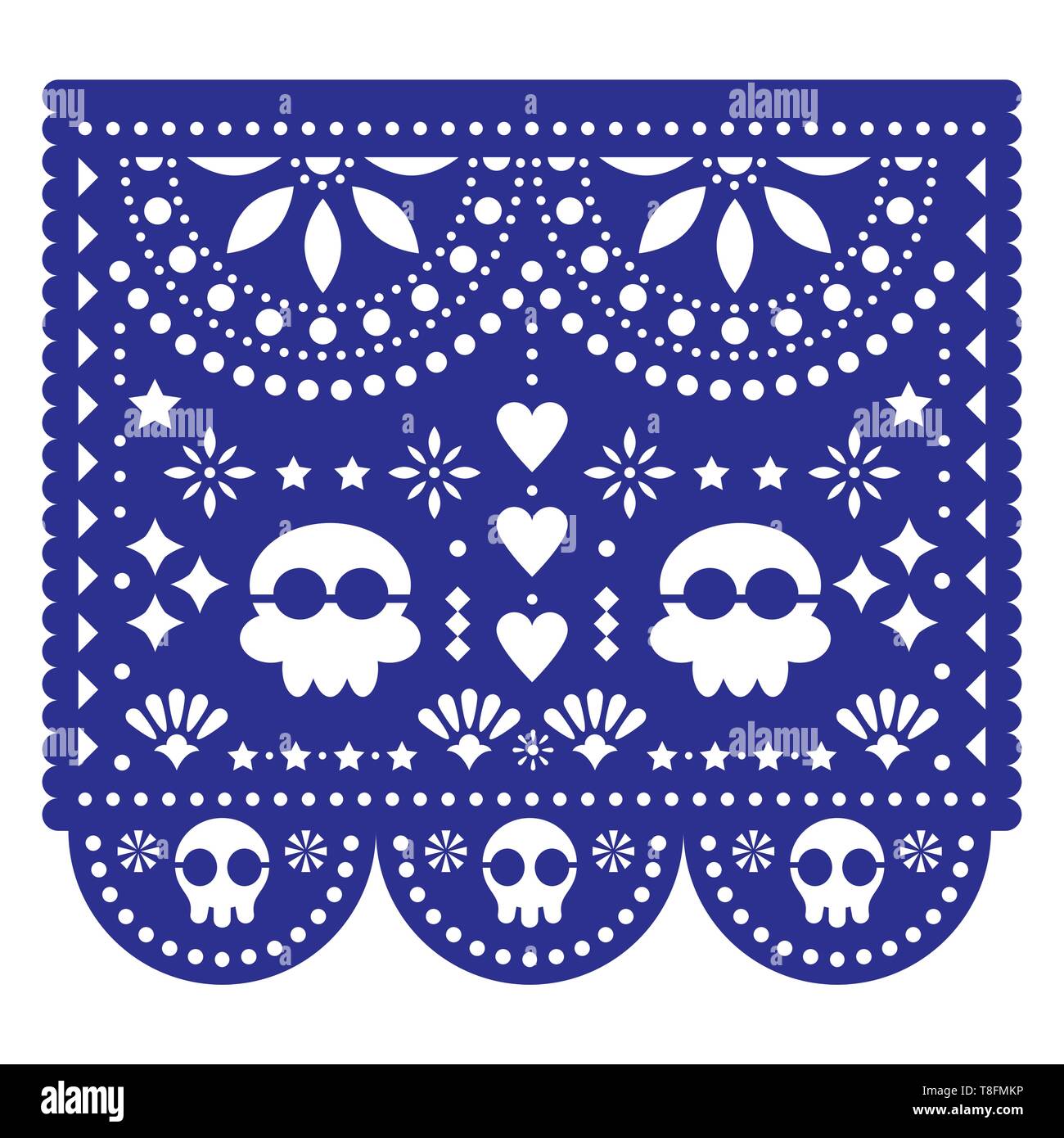Halloween, Day of the Dead design with skulls - Mexican Papel Picado decoration with flowers and geometric shapes Stock Vector