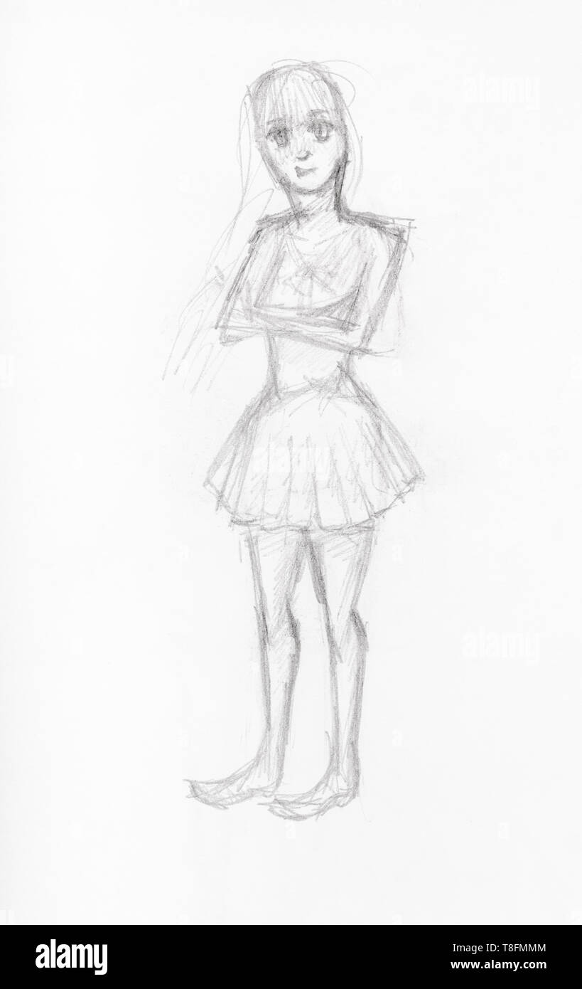 Sketch Of Girl In Short Dress Hand Drawn By Black Pencil On