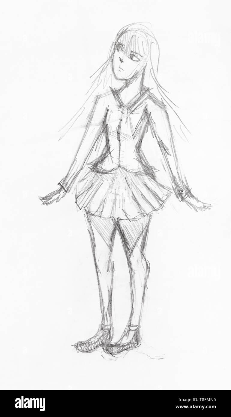 sketch of girl in wide short skirt hand-drawn by black pencil on white paper Stock Photo