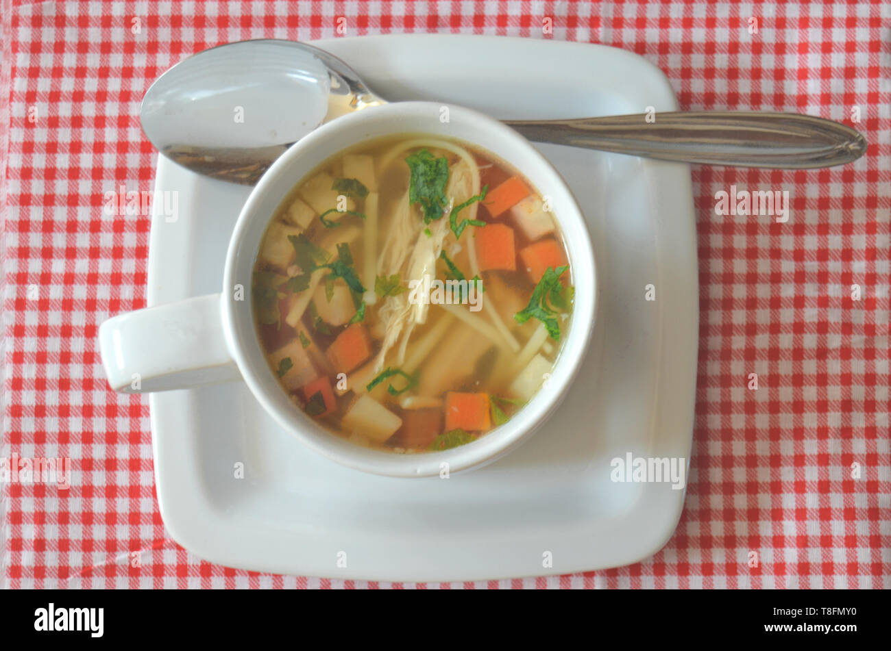 Traditional czech chicken soup with chicken broth, home made noodles, carrots, celeriac, persil root, chicken meat and chopped fresh persil - in a whi Stock Photo