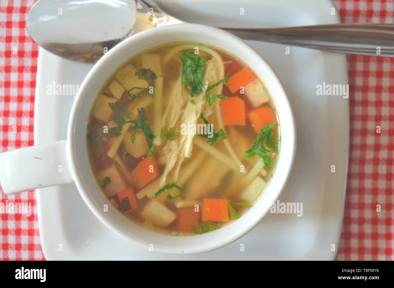 Traditional czech chicken soup with chicken broth, home made noodles, carrots, celeriac, persil root, chicken meat and chopped fresh persil - in a whi Stock Photo