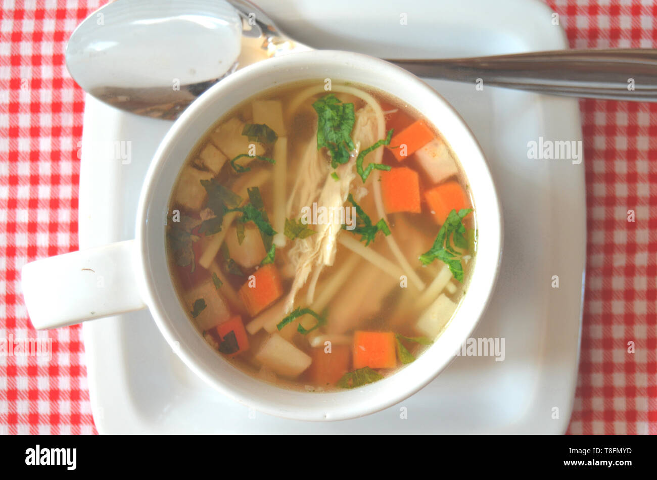 Traditional czech chicken soup with chicken broth, home made noodles, carrots, celeriac, persil root, chicken meat and chopped fresh persil - in a whi Stock Photo