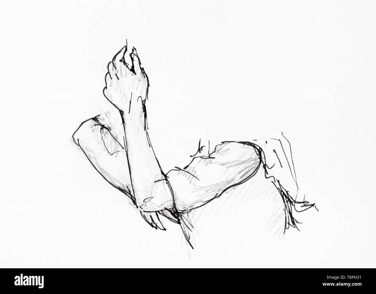 sketch of gesture of human arms hand-drawn by black ink and pencil on white paper Stock Photo