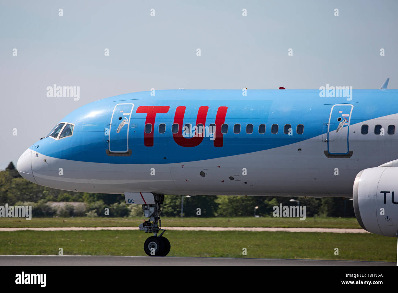 A TUI Airways Boeing 757-200, registration G-OOBC, taking off from Manchester Airport, England. Stock Photo