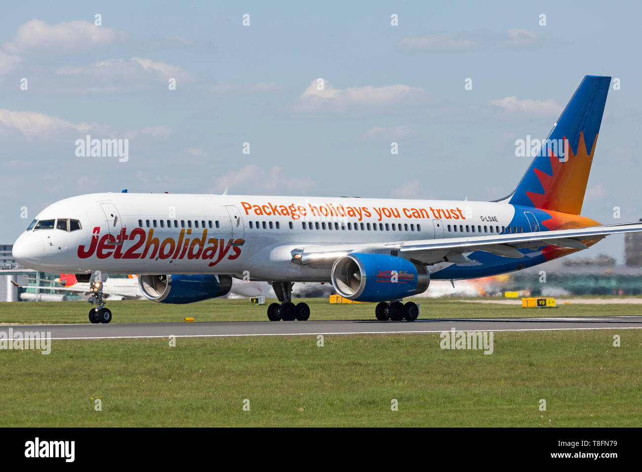 Jet2 Holidays Boeing 757-200, registration G-LSAE, taking off from Manchester Airport, England. Stock Photo