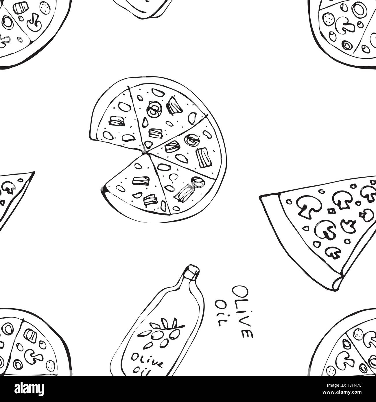 Seamless pattern with hand drawn pizza slices. Stock Vector