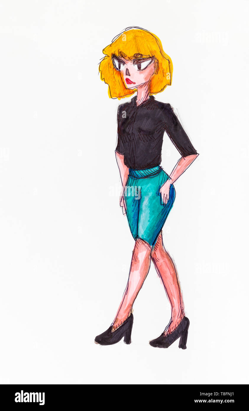 Portrait of business woman with yellow hair in black skirt and blue shorts hand-drawn by felt pens on white paper Stock Photo