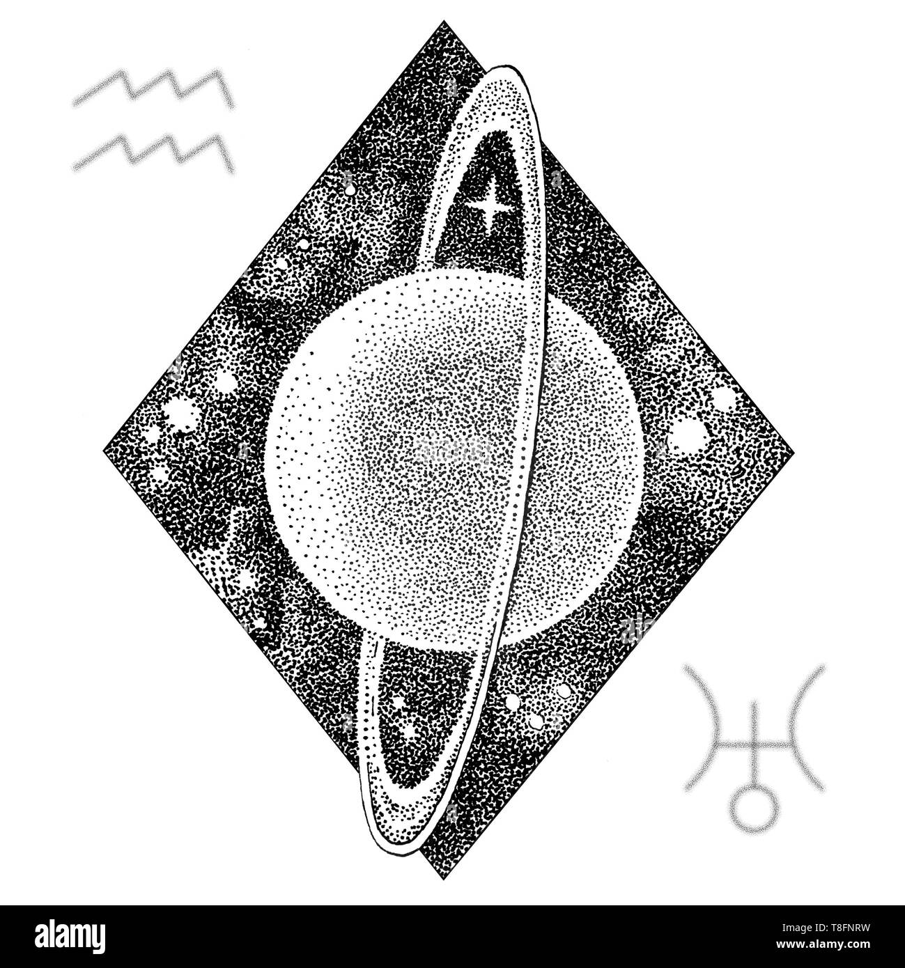 Uranus planet. Hand drawn illustration in dotwork style with Uranus's astrological symbol and a symbol of Aquarius zodiac sign. Space concept, astrolo Stock Photo