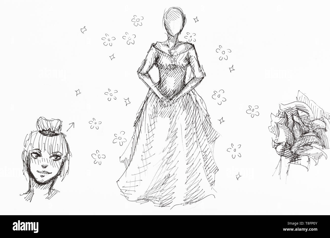 sketches of lady's figure in long dress, girl's head and flowers hand-drawn by black ink on white paper Stock Photo
