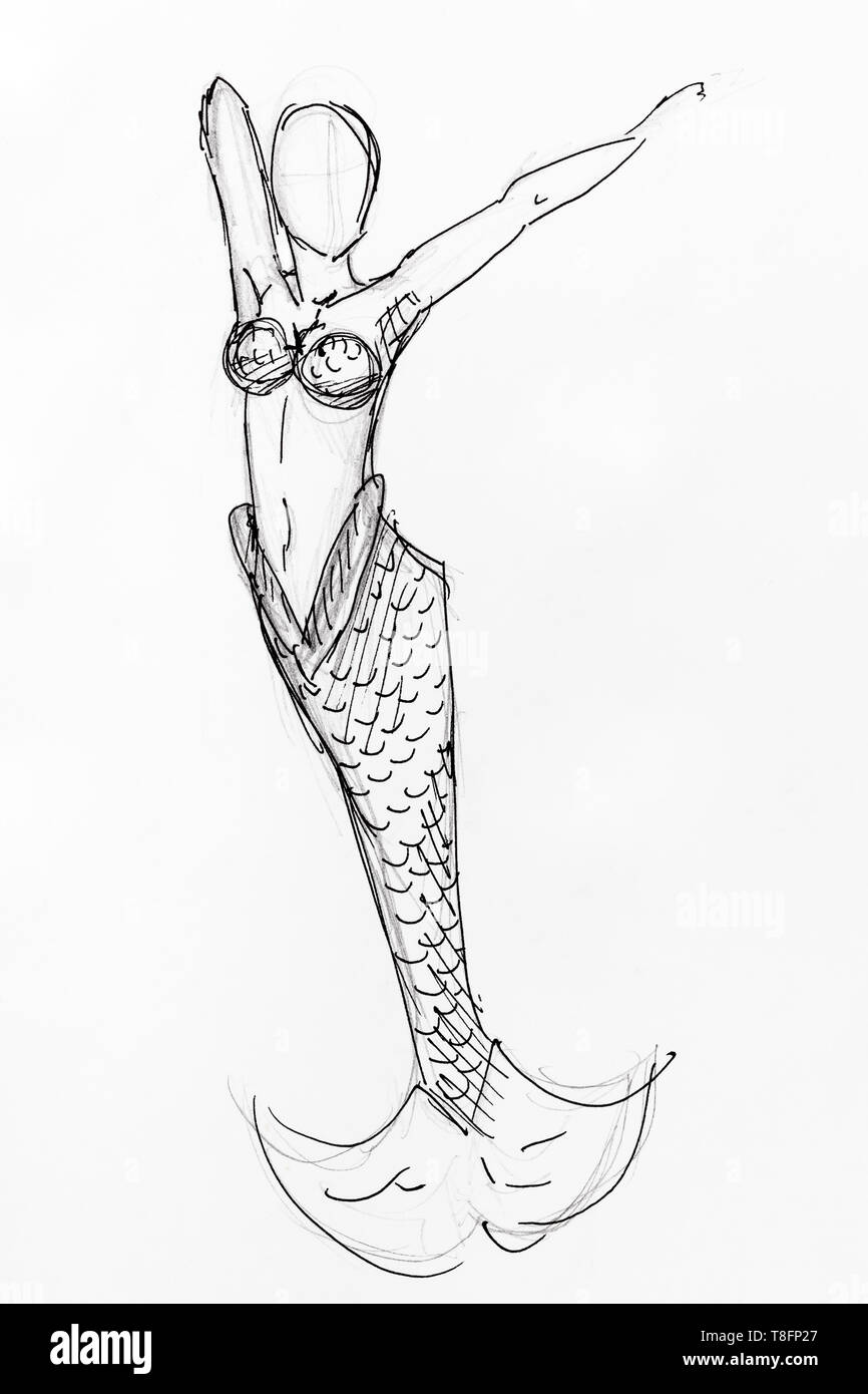 figure of mermaid with fish tail hand-drawn by black pencil and ink on white paper Stock Photo