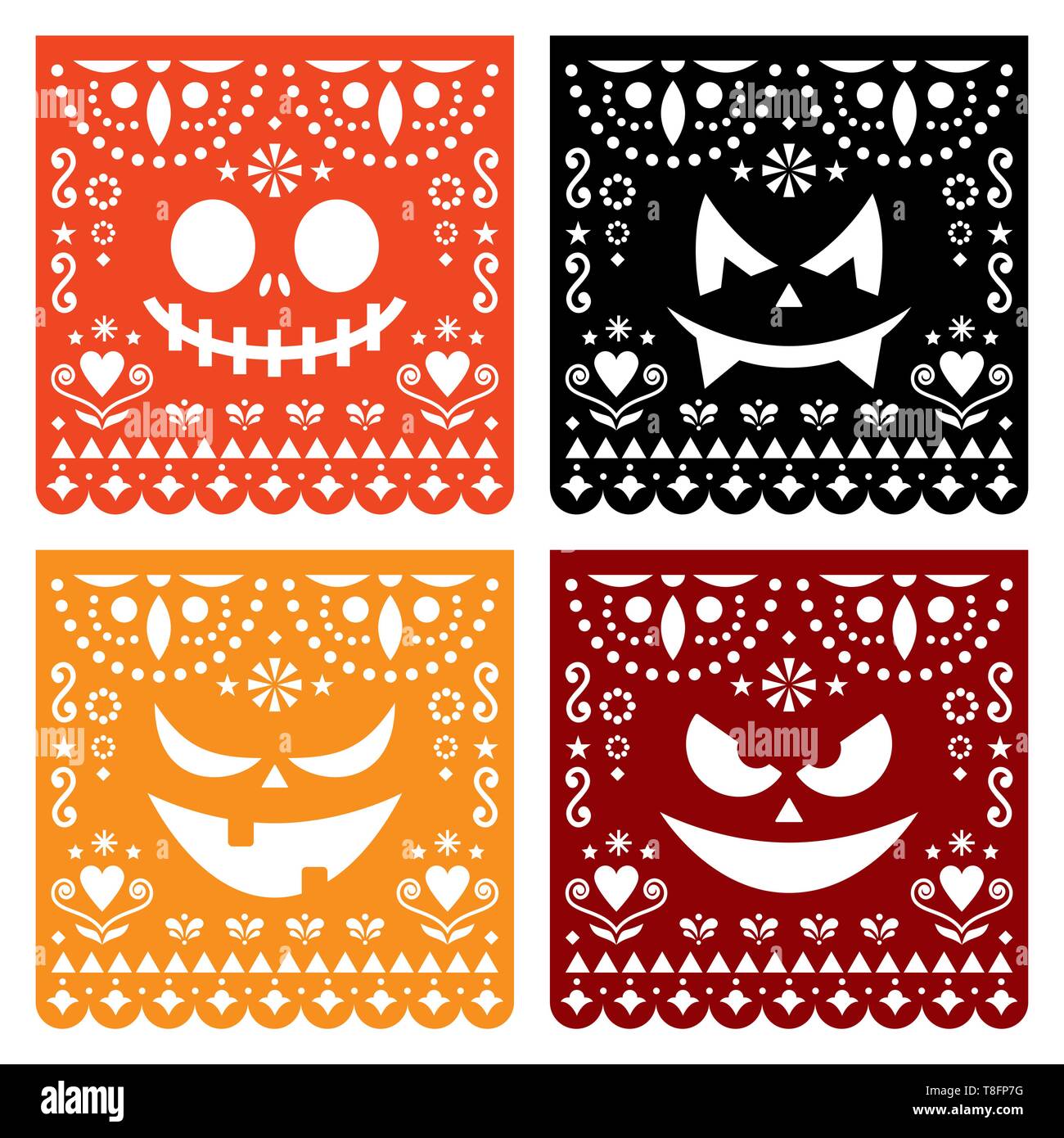 Halloween Papel Picado design with pumpkin scary faces, Mexican paper cut out pattern collection - Dia de Los Muertos, Day of the Dead Stock Vector