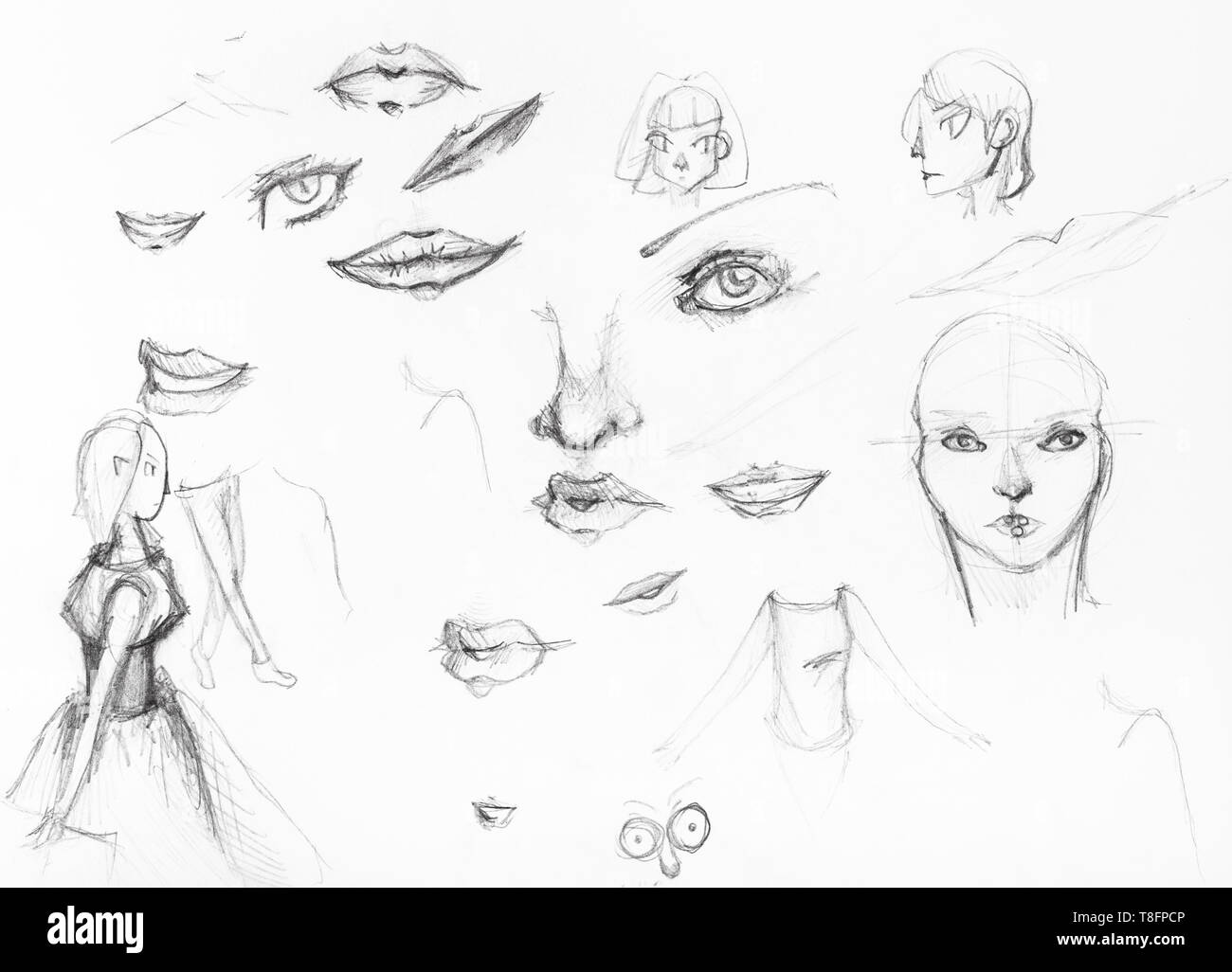 sketches of girls and detail of faces hand-drawn by black pencil on white paper Stock Photo