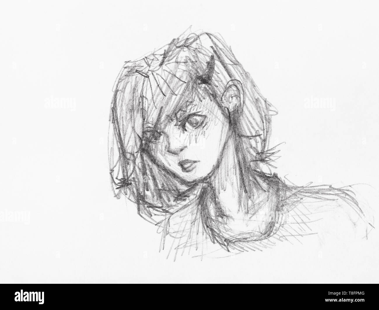 Sketch Of Head Of Girl Lush Short Hair Hand Drawn By Black