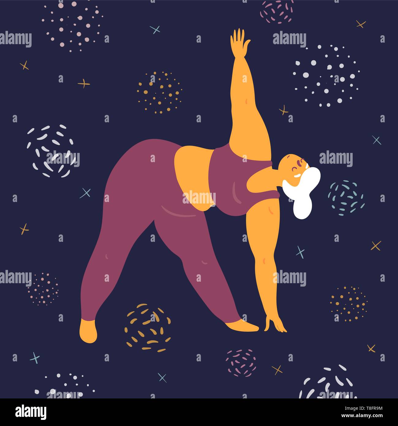 Body positive woman is stretching in the space Stock Vector