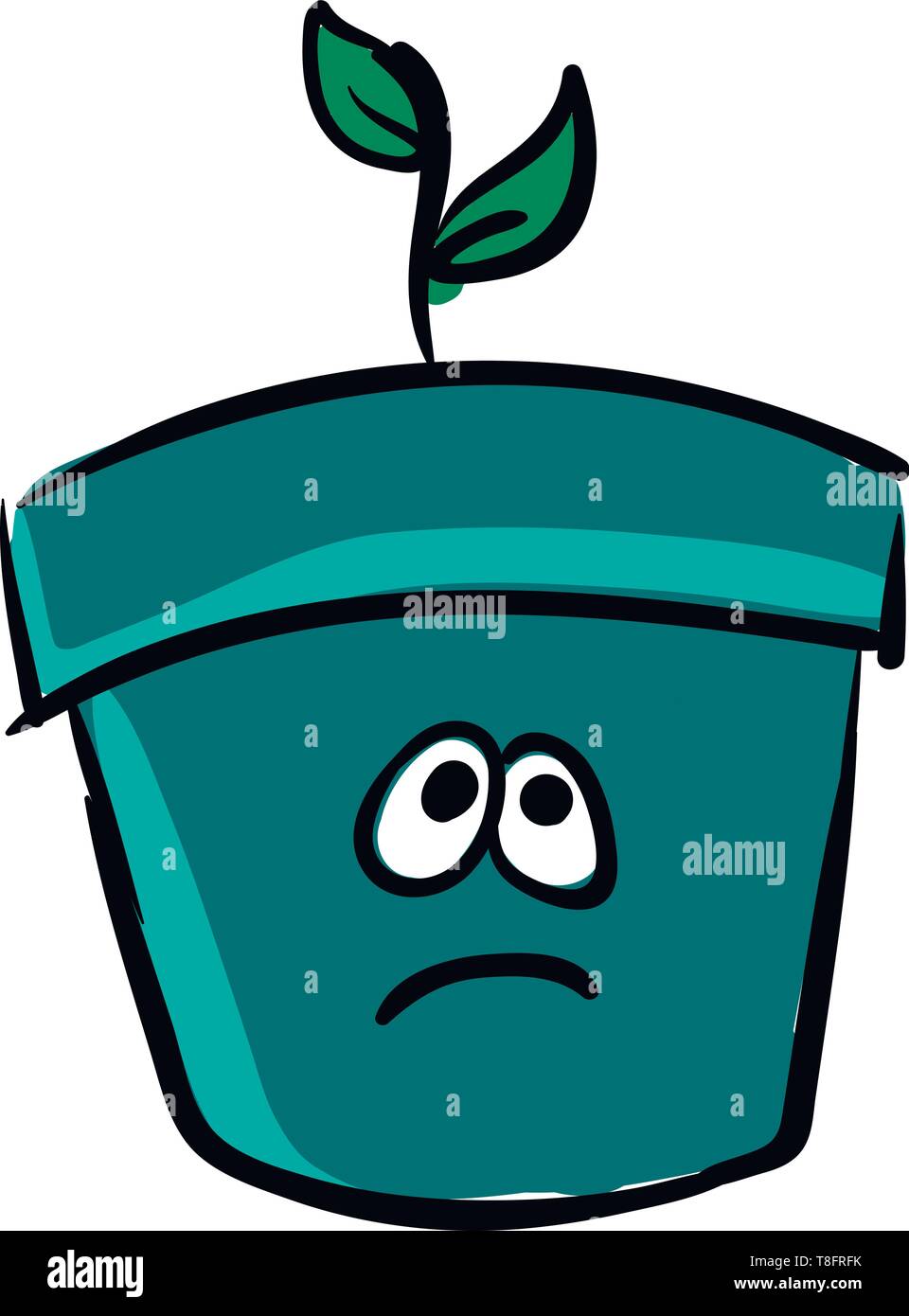 Emoji of a small plant with two oval-shaped green plants grown in a blue pot has a cute face with two eyes rolled up expresses sadness, vector, color  Stock Vector