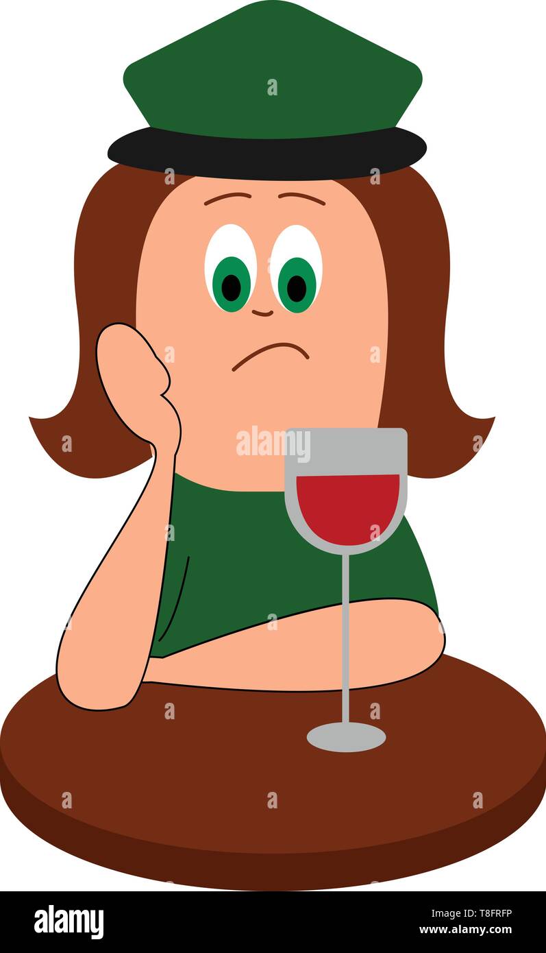 Emoji of a girl in a green closed dress and hat with her hands resting in  her chin expresses sadness while sitting in front of the table displaying  re Stock Vector Image