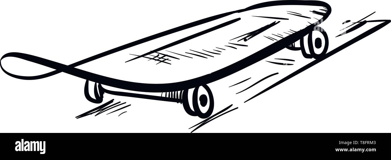 Sketch A skateboard in black and white equipped with high speed bearing wheels and ultra durable deck over white background, vector, color drawing or  Stock Vector