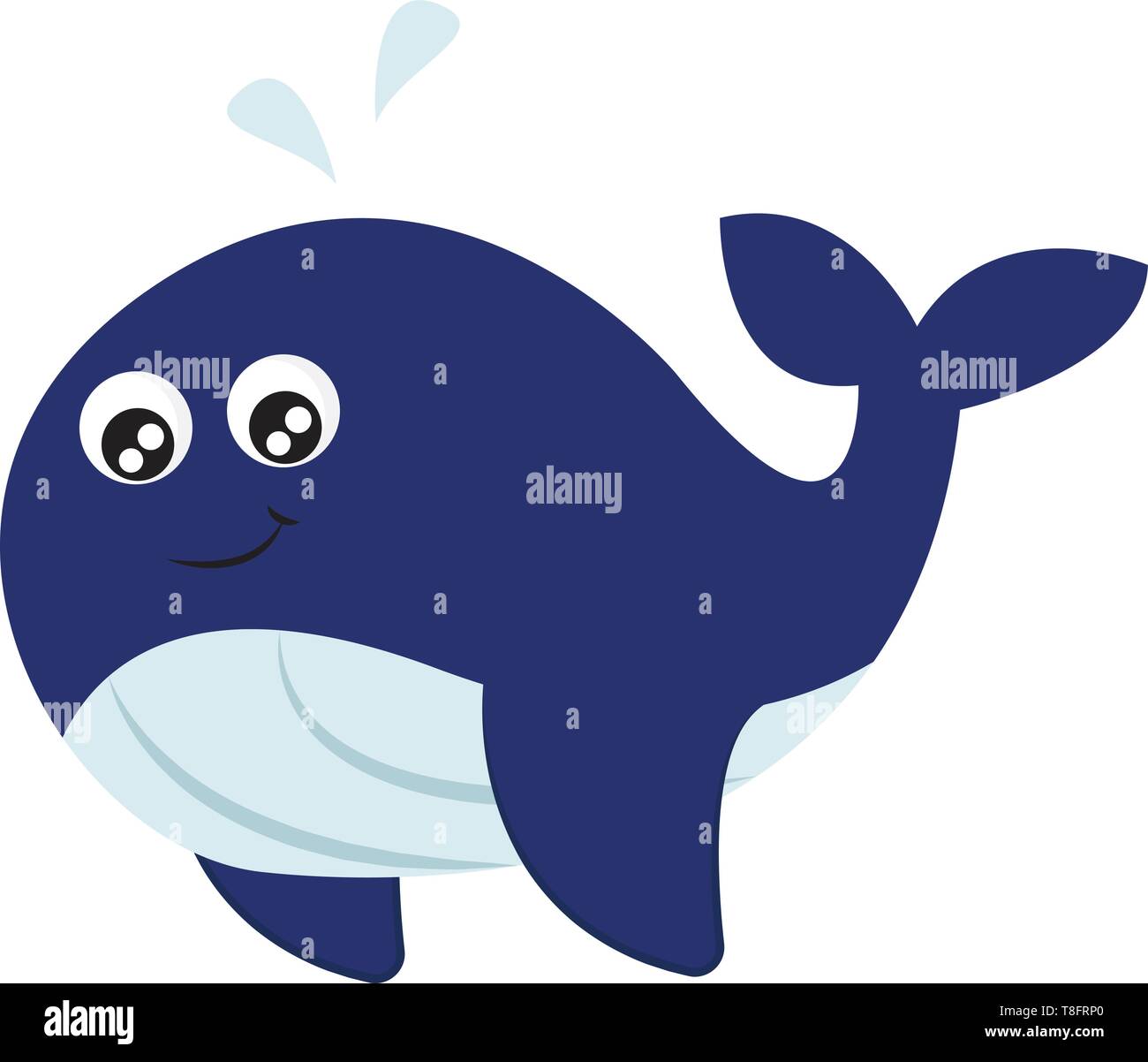 The whale with a streamlined body, forked tail, fins curled down, blue and white, upper and underparts, respectively, smiles and make bubbles while sw Stock Vector