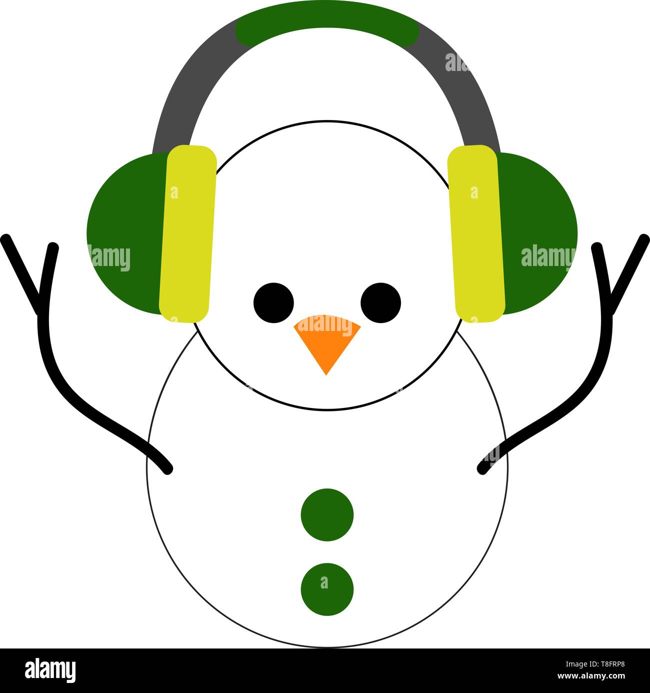 A cute snowman with two balls of different sizes, decorated with two circular green buttons, has two eyes and yellow beak, enjoys music from green hea Stock Vector