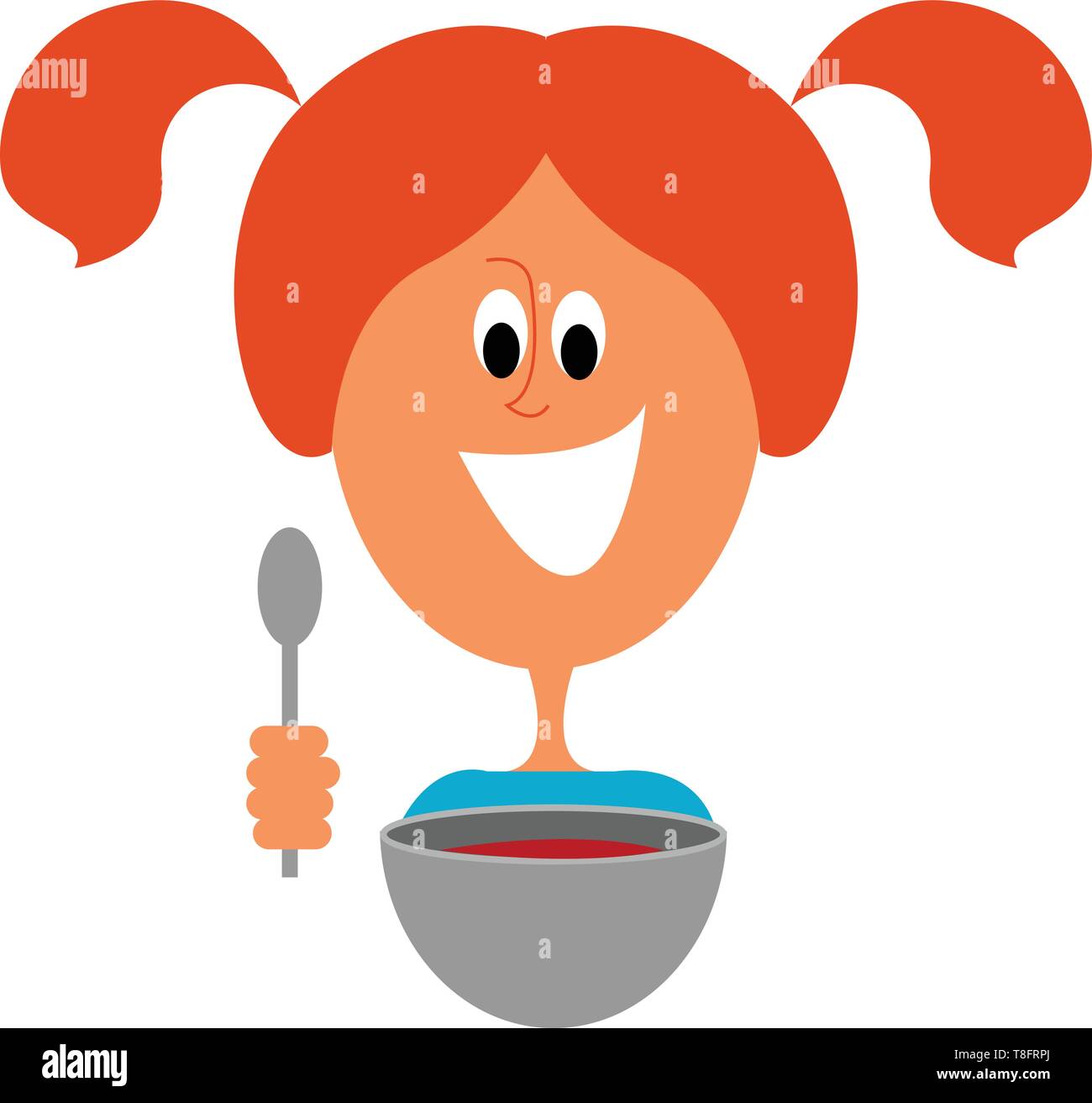 Emoji of the giant bowl has a cute little smiling face filled with yellow soup and a black tong over white background viewed from the front, vector, c Stock Vector