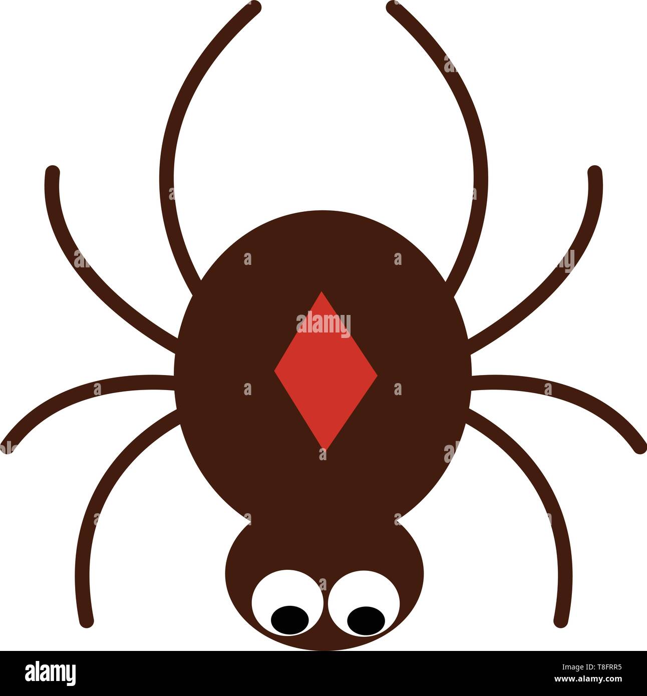 A brown cartoon spider has a red diamond design on the oval-shaped body, circular head, two big eyes rolled down is crawling with its eight stick-like Stock Vector