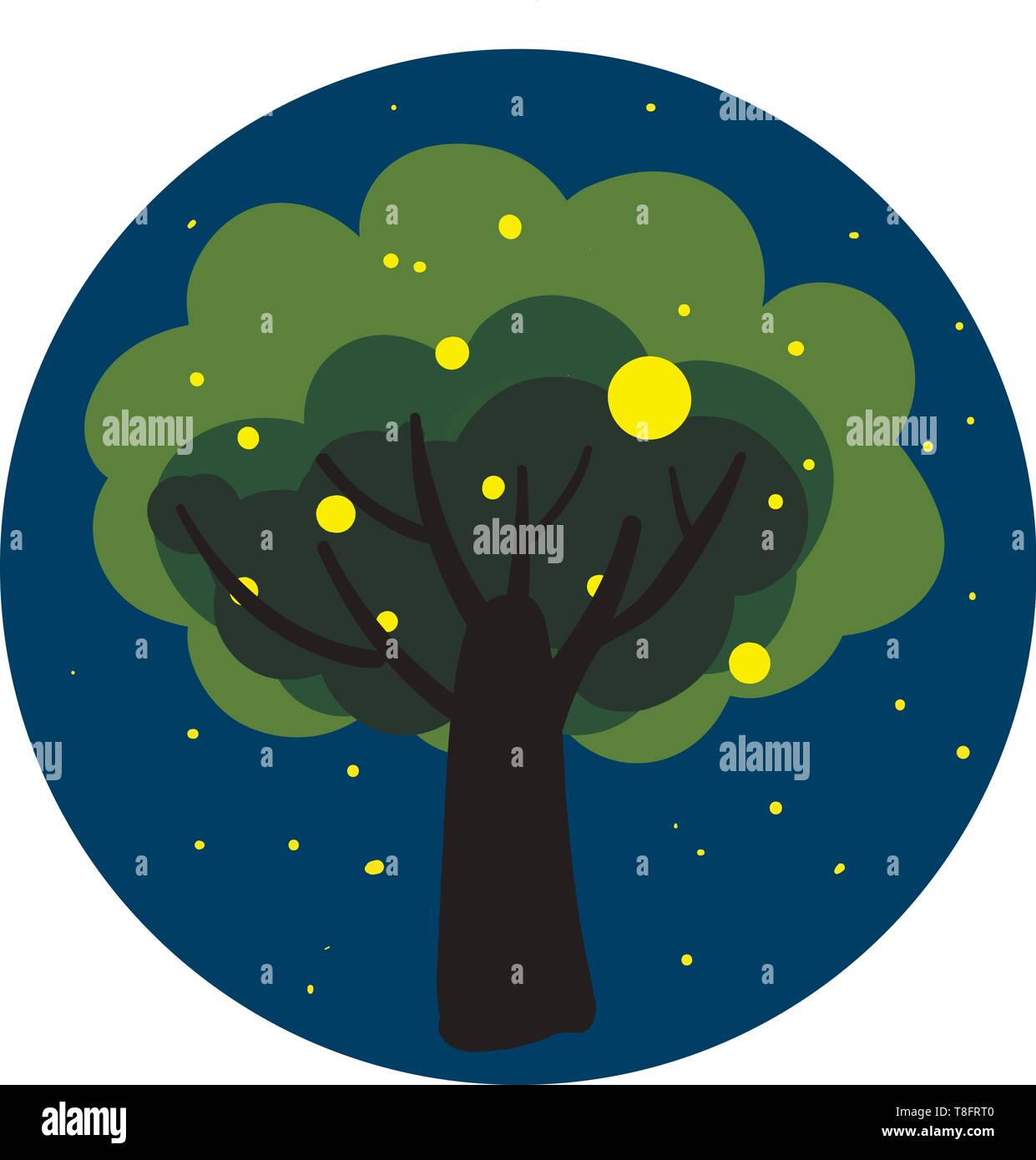 Portrait of the sticker tree at night over blue background viewed from