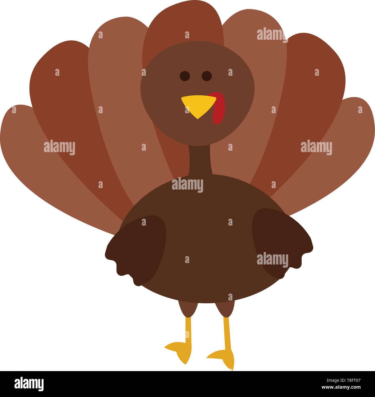 A Turkey bird with a distinctive fleshy wattle or protuberance hanging from the top of the yellow beak stands and body puffed-up spreading tail feathe Stock Vector