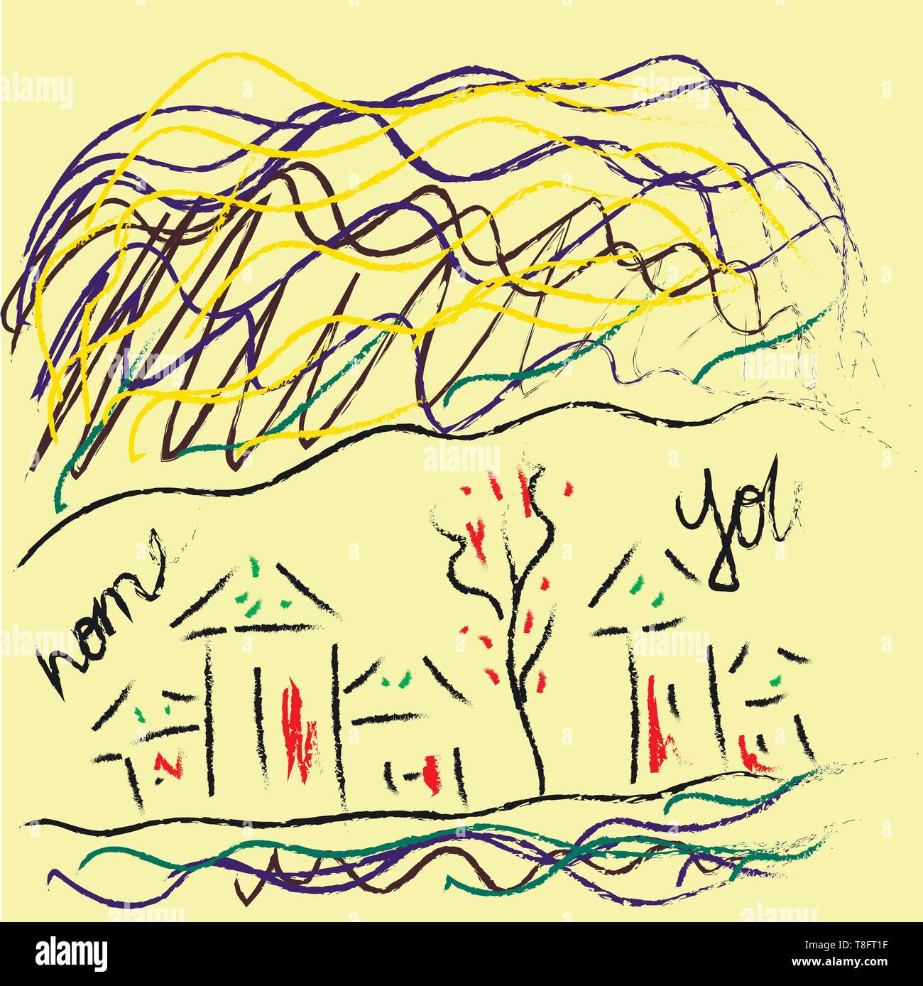 Child A Village Home With Trees Houses And The Wordings Home And