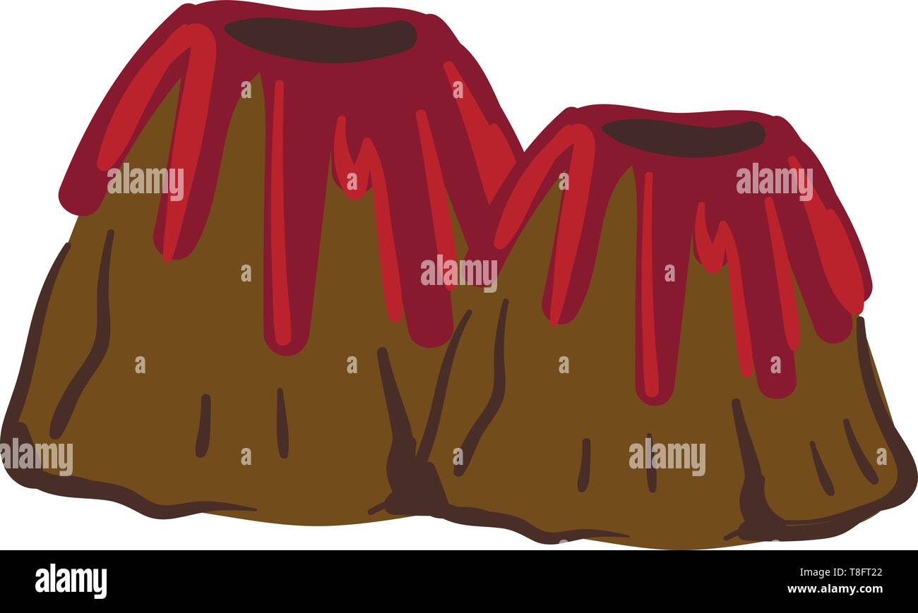 Painting of two volcanoes exploding in fiery when molten rock, ash, and steam pour through a vent in the earth's crust, vector, color drawing or illus Stock Vector