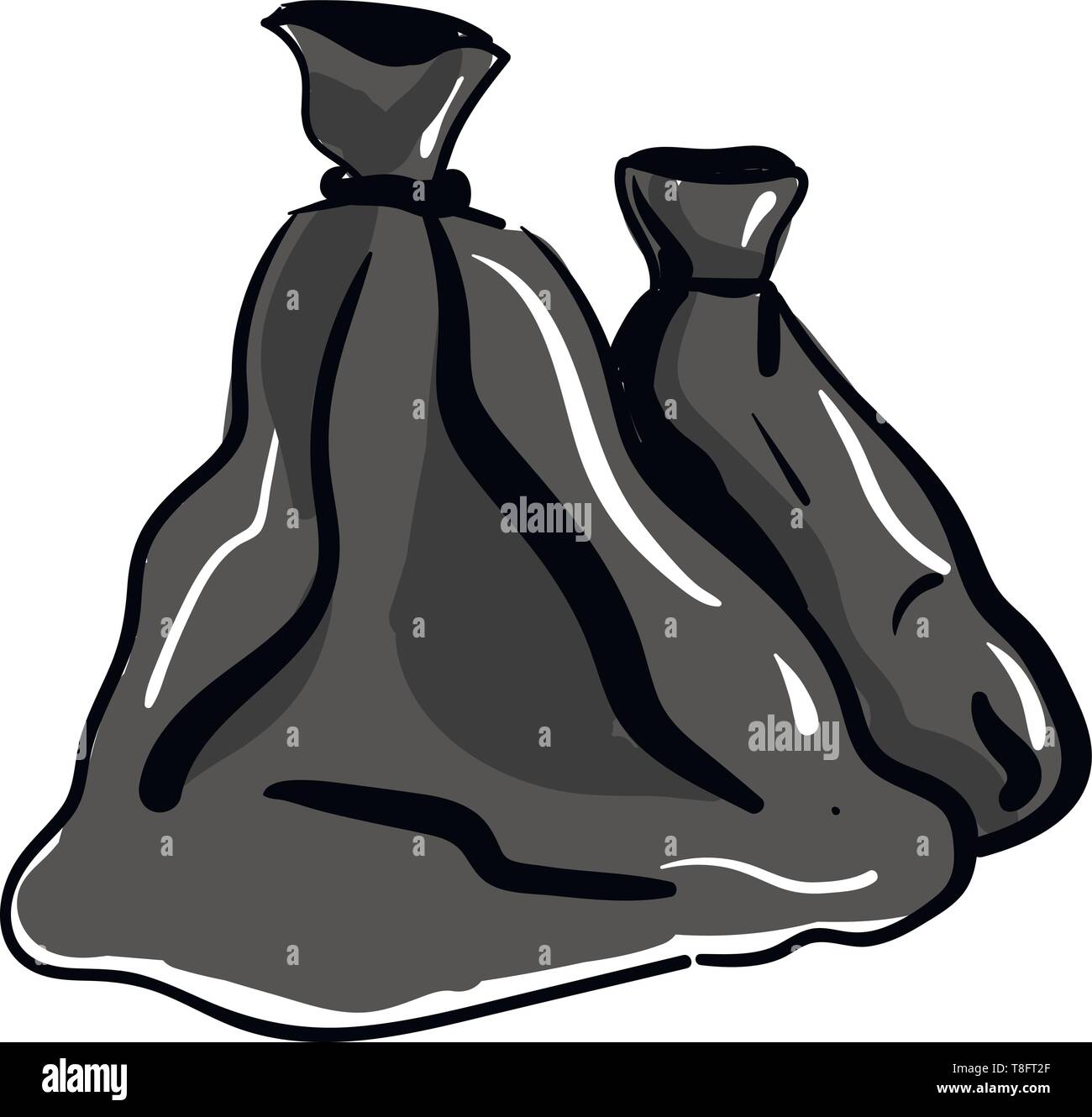Clipart of two extra-large black bags with white exclamation marks is dumped with household waste and tied at their neck set isolated white background Stock Vector