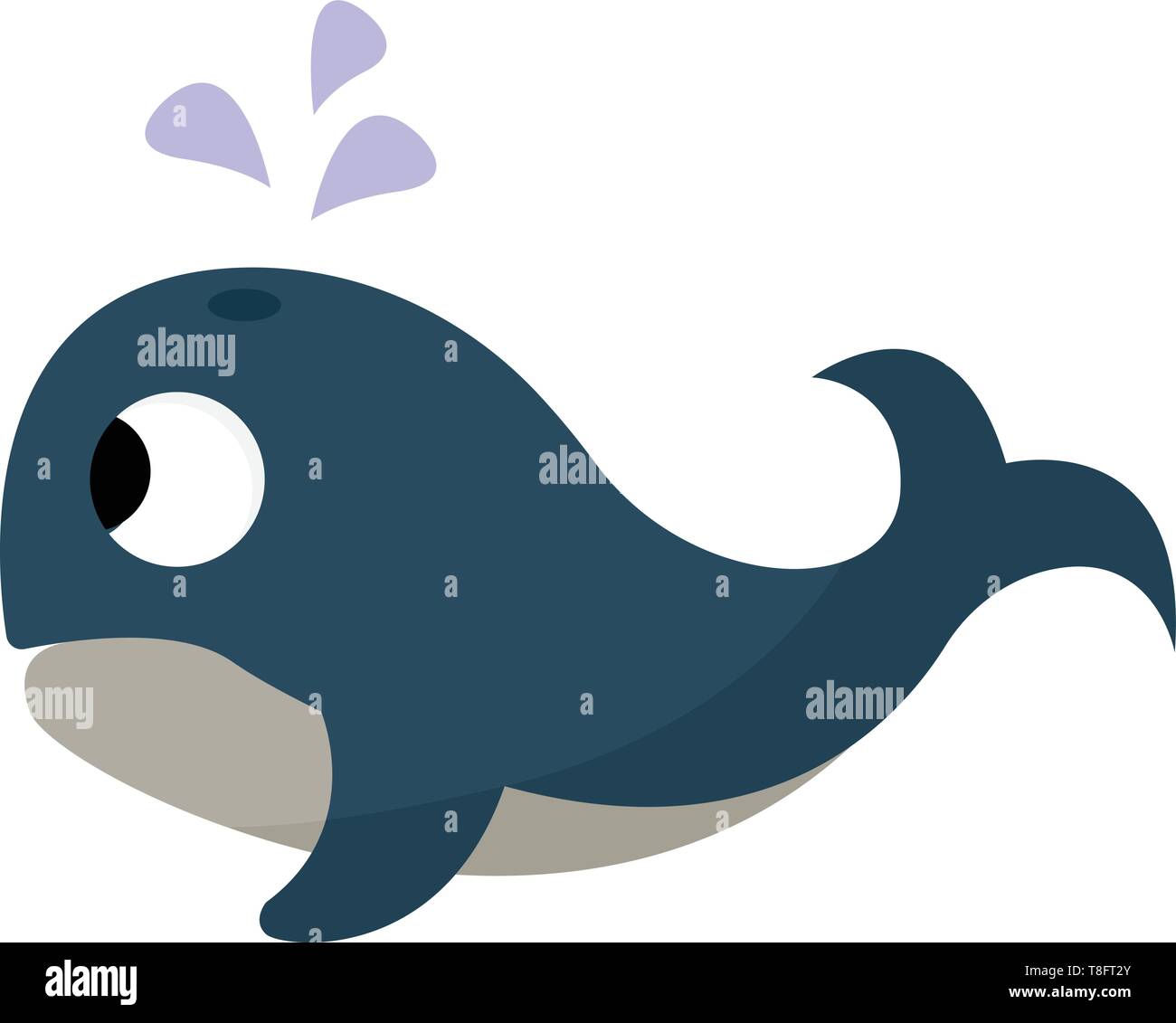A whale in blue upperparts and grey underparts has a streamlined body, forked tail, triangular-like fins, crossed eyes and forms bubbles while swimmin Stock Vector