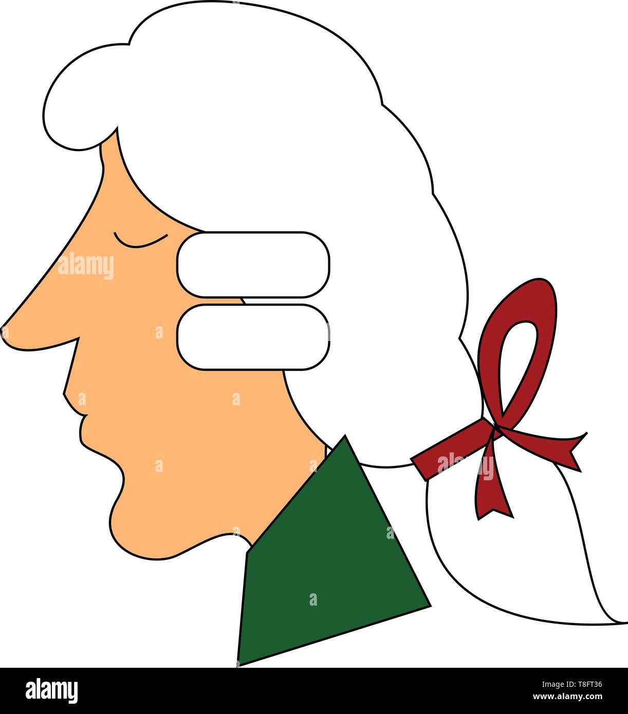 A matured man in a green top, white wig tied together with a red ribbon, has a long unpointed nose and with his eyes closed looks peaceful viewed from Stock Vector
