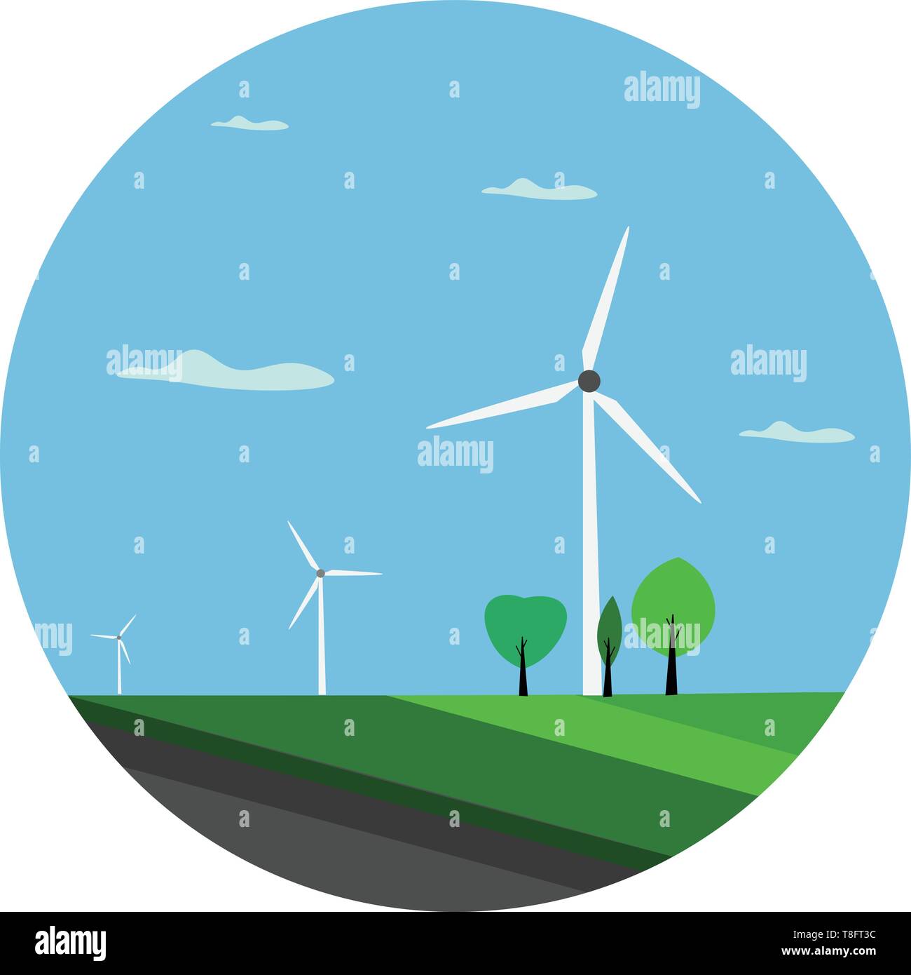 A landscape with few green trees and wind turbines that transforms the kinetic energy in the wind into mechanical power used for grinding grain or pum Stock Vector