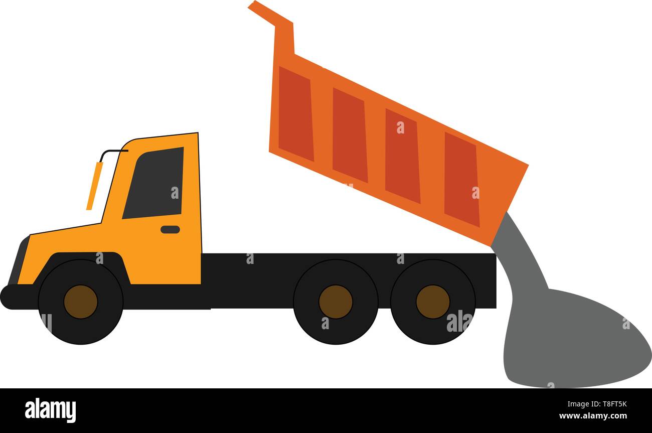 A yellow dump truck in operational process, the loaded gravel slides out when the bed is lifted, set isolated on white background viewed from the side Stock Vector