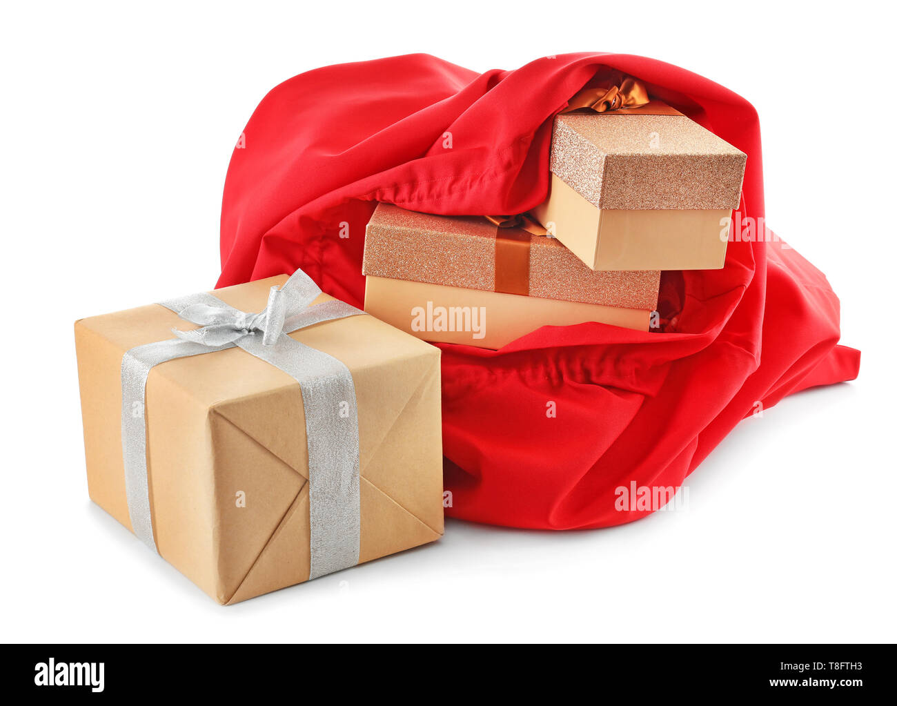 Santa Claus bag full of gifts on white background Stock Photo - Alamy