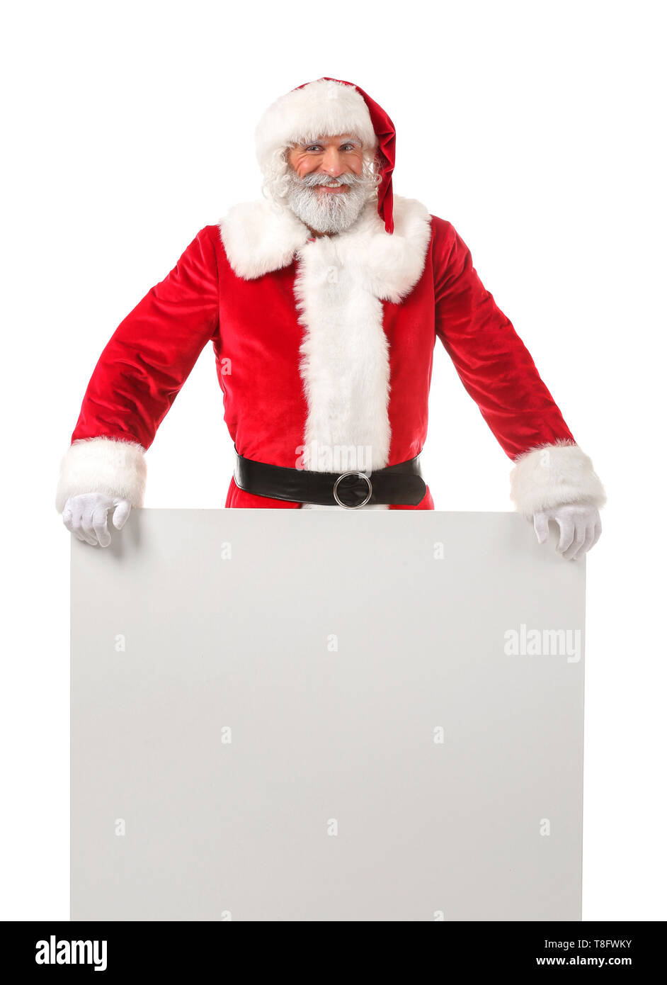 Portrait of Santa Claus with blank poster on white background Stock ...